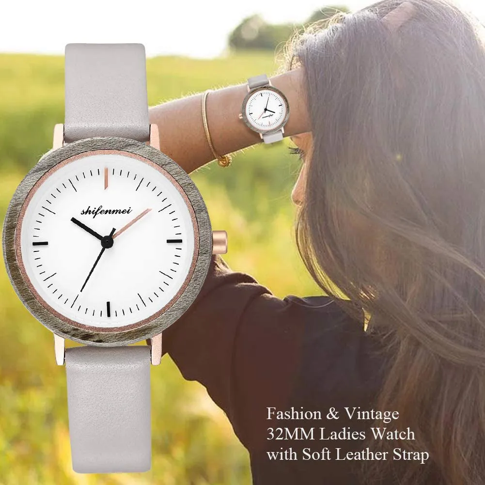 Wooden Watch Women, shifenmei Lightweight Ladies Watch Handmade Personalized Engraved Wood Watch for Women Analog Quartz Custom Wrist Watches with Natural Exquisite Box
